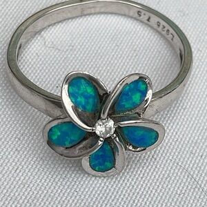 Sterling Silver Blue Green Opal Inlay Flower Ring Sz 7.5 | Diamond Accent